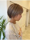 【ショートボブ】20代30代/オリーブグリーン/ヘーゼルグレージュ