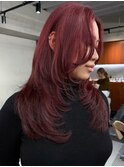 ダブルカラーチェリーレッドピンクブラウン韓国レイヤーロング