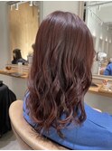 カシスブラウン/ブリーチ無しピンクカラー/癖毛パーマ