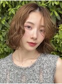 小顔ミディアムパーマボブルフワンレンネビージュボブパーマ黒髪