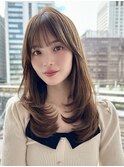 セミロング内巻きレイヤーカットセミディココアモカグレージュ栄