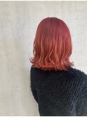 サーモンピンクグラデーション×切りっぱなしボブ　チェリー