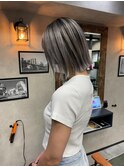 バレイヤージュ、ハイライト、レイヤーロング、グレーベージュ