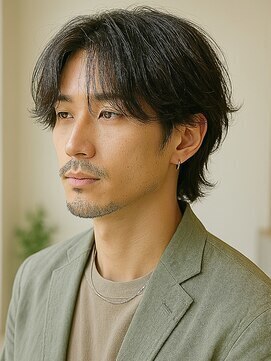 メンズウルフ襟足ミディアムウルフカット髭センターパート