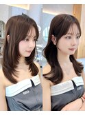 前髪顔まわり小顔似合わせミディアムレイヤーグレージュカラー！