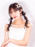 編み下ろしツインアレンジ　リボン　イベントヘア　ツインテール