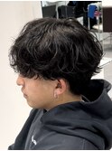 シャドウパーマ黒髪マッシュ韓国2ブロックショートスパイラル