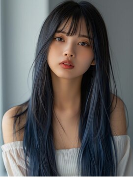 ムウ 難波(MOU) レイヤーカットボブルフ黒髪ネビージュ小顔ワンレン20代30代40代