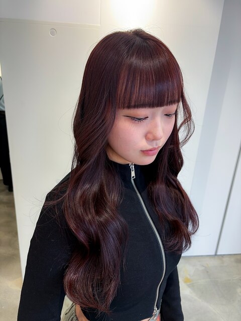 韓国風チェリーレッド暖色系カラー艶感ロングフェイスレイヤー