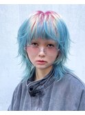 ウルフカットシャギーレイヤーカットピンクブルーデザインカラー