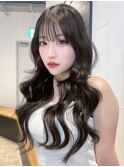 暗めカラーロンググレージュ韓国ヘア顔周りレイヤー_F21015
