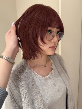 ノラギンザユー(NORA GINZA/U) 顔まわりレイヤーボブ暖色カラーダブルカラーチェリーレッド赤