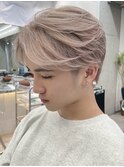 韓国メンズピンクベージュミルクティーカラーセンターパートヘア