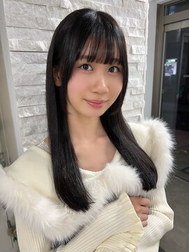 アム 表参道(am) 小顔薄めバンググレージュレイヤーロング前髪パーマ黒髪