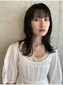 大人美人ハイレイヤーぱっつん前髪黒髪ロングワイドバンク小顔