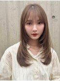 韓国風レイヤーミディハッシュカットシフォンベージュ