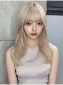 グレージュロングヘアブリーチなしウルフパーマミディアムヘア☆