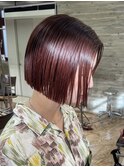 レッドカラー暖色カラー赤髪ボブカシスカラーブリーチなしカラー