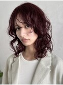 ミディアムヘア ボルドーカラー ブリーチなし パーマ風