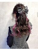 インナーカラー エクステ ハーフアップアレンジ リボン