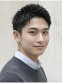 メンズパーマアップバングソフトツイスト無造作束感黒髪ショート