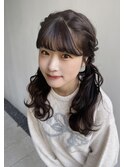 編み込みツインテールヘアアレンジワイドバング前髪