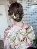 振袖ヘアセット　成人式ヘア　シニヨン　金箔　振袖