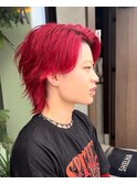 メンズ センターパート ウルフカット 派手髪 赤髪 ブリーチ