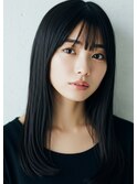 黒髪ロングヘアストレートヘアストレートパーマ前髪