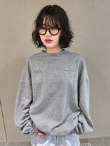 エーライン美容室(A-line) 黒髪くせ毛風ふんわりウェーブボブ前髪あり大人かわいい眼鏡映え
