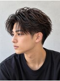 センターパートシャドウパーマツーブロックメンズカット/東伏見