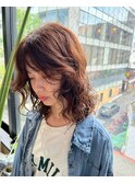 くせ毛風無造作パーマ×ミディアムレイヤーカットオリーブカラー