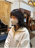 顔まわりレイヤーカットウルフカットくすみブラウンカラー