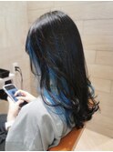 フェイスフレーミングブリーチ黒髪インナーカラーブルーカラー