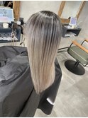 バレイヤージュ、ハイライト、レイヤーロング、グレーベージュ