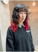 くるくるパーマ　レッドカラー　毛先カラー　裾カラー