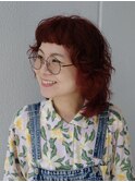くせ毛パーマ赤髪レイヤーボブレッドカール多毛活かす
