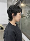 ミニウルフデジタルパーマチェリーブラウン黒髪ショート