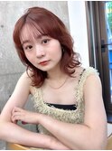 ワインレッド ゆるふわミディアム 小顔 ミディアムレイヤー