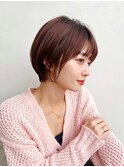大人丸みショートボブ前髪ありピンクブラウンひし形K20250110