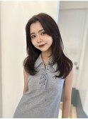 くびレイヤー薄めバングデザインカラーピンクベージュ美髪黒髪