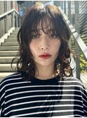 ウェーブパーマロブ前髪ピンクベージュインナーグレージュ