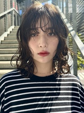 ミンクス 銀座店(MINX) ウェーブパーマロブ前髪ピンクベージュインナーグレージュ