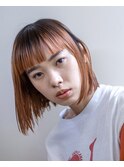 切りっぱなしボブ/ワイドバング/オン眉/オレンジ/ダブルカラー