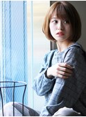 キャラメルベージュ斜めバング小顔切りっぱなしミニボブf3