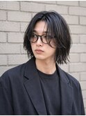 ロングバングメガネメンズ無造作ボブ前髪なしハーフアップ
