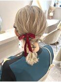 ハイトーンアレンジ☆ミディアム編みおろし ベロアリボン
