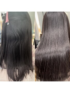 アム 表参道(am) 小顔薄めバンググレージュレイヤーロング前髪パーマ黒髪