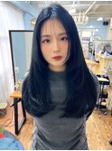 インナーカラー艶髪ネイビーグレーアッシュ大人美人