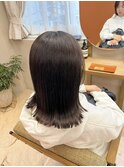 黒髪グレーベージュレイヤーロング前髪パーマアッシュブラック